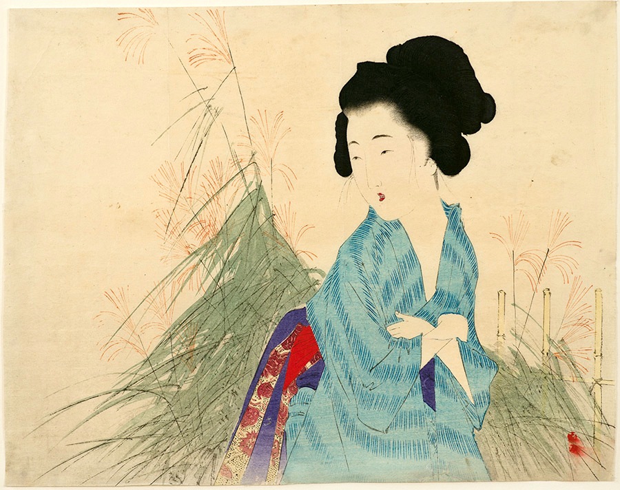 Toshikata, A Beauty Looking at Autumn Grass-Mizuno Toshikata, Kuchi-e, Bungei Kurabu, japanese woodblock prints, ukiyo-e art, meiji era prints, bijin pictures