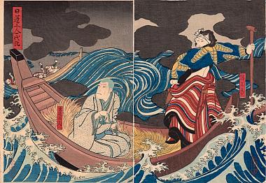 Hirosada, Life of St Nichiren - Ichikawa Ebizo V as the Boatman Yasaburo and Jitsukawa Ensaburo as Nichiren Shonin