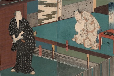 Hirosada, Mimasu Daigoro IV as Namiki Shoza and Nakamura Utaemon IV as Danshichi Mohei in Shigure no Karakasa