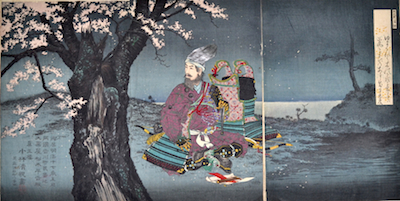 Kiyochika, Taira no Tadanori About to Sleep Under a Cherry Tree