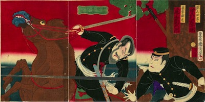 Kunichika, Onoe Kikugoro V and Nakamuro Sajuro as Sasahara Kogen and Takegami Shira in Minohara's Death at Kichi Pass