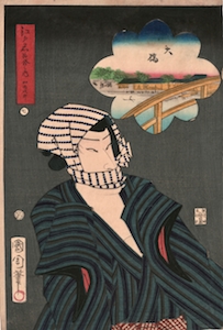 Kunichika, Famous Places of Edo - Ichimura Kakitsu as Oniazami Seikichi