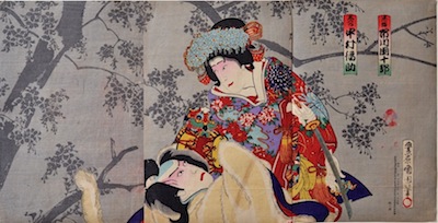 Kunichika, Ichikawa Danjuro as Tadanobu and Nakamura Fukusuke as Shizuka Gozen