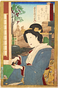 Kunichika, Newly Woven Brocades - Musashi Beauties, Beauty at Window