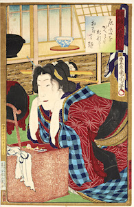 Kunichika, Newly Woven Brocades - Musashi Beauties, Beauty at Mirror