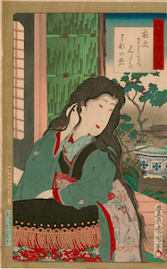 Kunichika, Newly Woven Brocades - Musashi Beauties, Beauty with Water Dipper