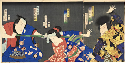 Kunichika, Ichimura Kakitsu, Tanosuke Sawamura, Sanjuro Seki in a Kabuki Play