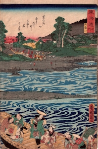 Kunichika, Scenes of Famous Places Along the Tokaido Road Station 77 - Tenryugawa