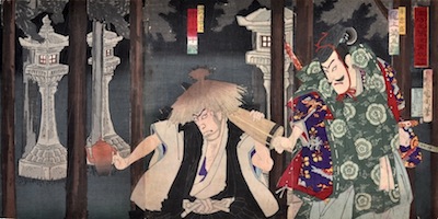 Kunichika, Onoe Kikugoro as Taira no Tadamori and Ichikawa Danjuro as the Oil Thief
