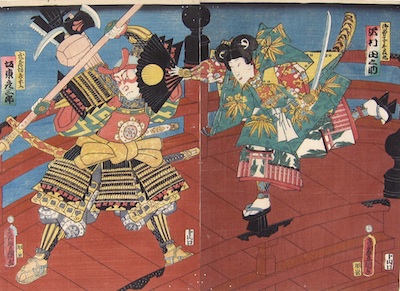 Kunisada, Benkei and Yoshitsune fighting on Gojo Bridge