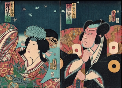 Kunisada, Iwai Kumesaburo III and Kataoka Nizaemon VIII in Hachijin Shugo no Honjo