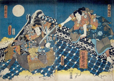 Kunisada, Hakkenden - Genpachi and Shino Fighting on the Roof of the Governor's Palace