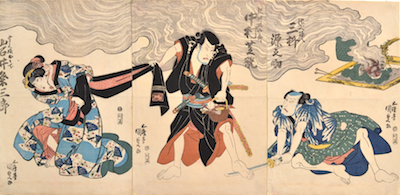 Kunisada, Iwai Kumesaburo, Nakamura Shikan, Mimaso Genjosuke in a Scene from a Kabuki drama
