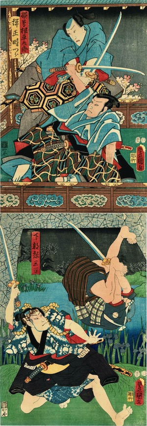 Kunisada, Vertical Diptych from the play Umeyanagi Sakigakezoshi