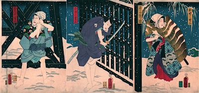 Kunisada, Iwai Kumesaburo III and Ichikawa Kodanji IV  in Sannin Kichiza Kuruwa no Hatsugai