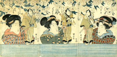 Kuniyasu, Bijin holding Bunraku Puppets of Actors as Otokodate