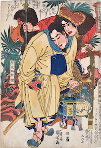 Kuniyoshi, The 108 Heroes of the Popular Suikoden - Dokkakuryu Sujun as Lantern-seller with Sokokatsu Kaiho as Hunter