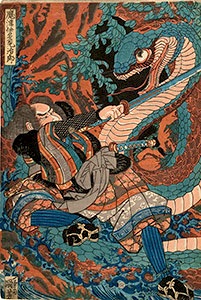 Kuniyoshi, Matsui Tamijiro fighting a giant snake