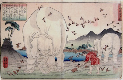 Kuniyoshi, 24 Paragons of Filial Piety - Taishun Tending the Fields Assisted by Elephants