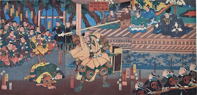 Kuniyoshi, Ataka Barrier in Kaga Province, Benkei Strikes Yoshitsune