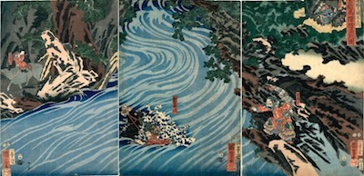 Kuniyoshi, Popular Romance of the 3 Kingdoms - Gentoku Jumps his Horse into the Tan Gorge