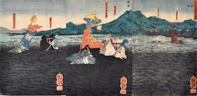 Kuniyoshi, Kagesue, Takatsuna and Shigetada Crossing the Uji River