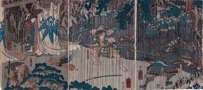 Kuniyoshi, Soga Juro fighting with Nitta Shiro Tadatsune in Pouring Rain