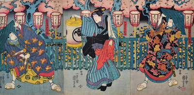 Kuniyoshi, Three Actors Performing Date Kurabe Uwasa no Sayaate