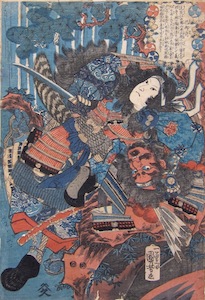 Kuniyoshi, Tomoye-gozen struggling with Musashi Saburoemon Arikuni