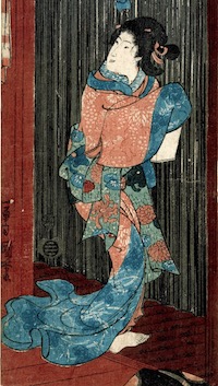 Kuniyoshi, Virtuous Women for the Eight Views - Night Rain at the Hunting Ground