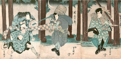 Toyokuni I, Bando Mitsugoro and Seki Sanjuro in Fuwa Banzaemon