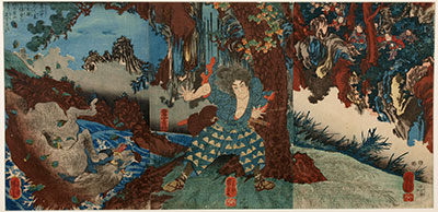 Kuniyoshi, Horio Yoshiharu Wrestling a Giant Boar