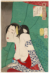 Yoshitoshi, Thirty-Two Aspects of Customs and Manners, Looking itchy - The Appearance of a Kept Woman of the Kansei Era (1789-1801) Number 16.