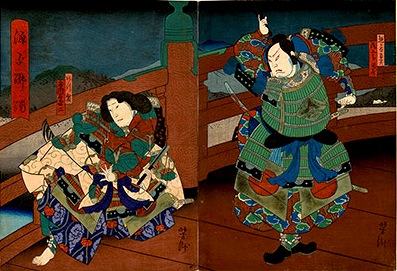 Yoshitaki, Benkei and Yoshitsune at Gojo Bridge