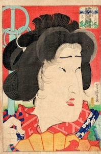 Yoshitora, Actor Portraits Past and Present - Okubi-e of Bando Mitsugoro as Geisha Miyokichi