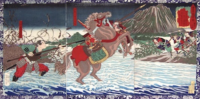 Yoshitoshi, A Record of the Advancement of Toyotomi Hideyoshi - Tokichiro's First Battle at Fujikawa